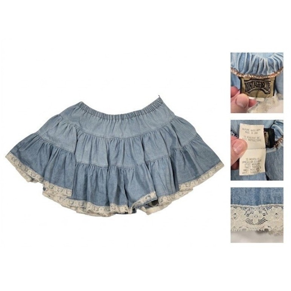 Vintage 80s Denim Tiered Ruffle Mini Skirt Lace Hem Western Prairie USA Made XL